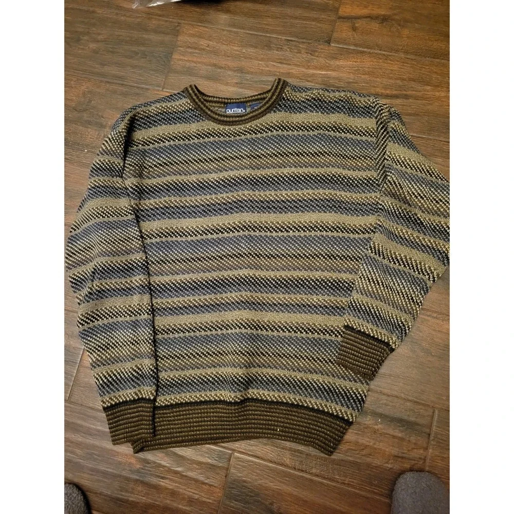 Puritan Vintage Mens Small Striped Knit Sweater Brown Blue Crew Neck  1319